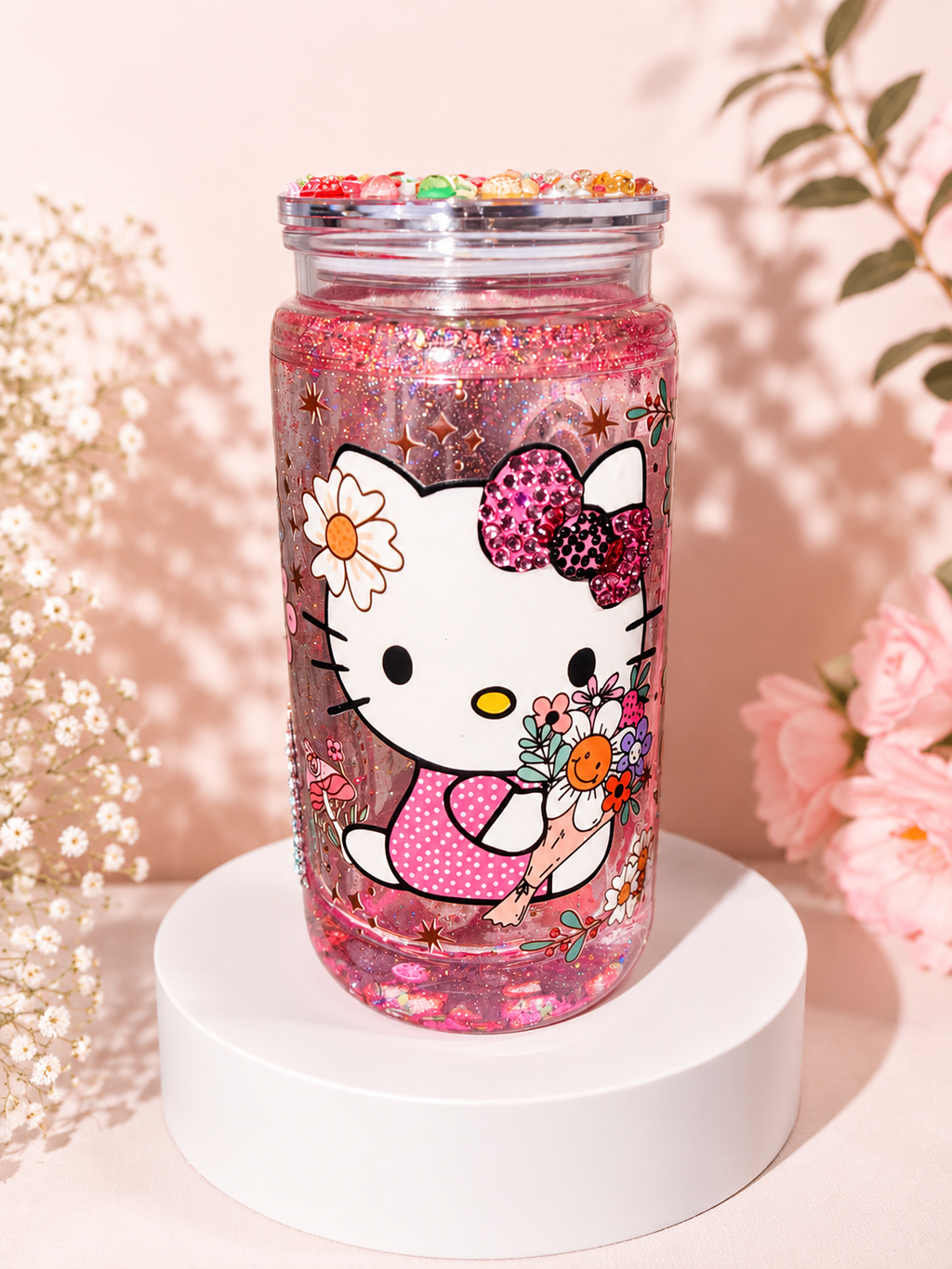 Handmade Hello Kitty Glitter Snow Globe Tumbler | 16 oz